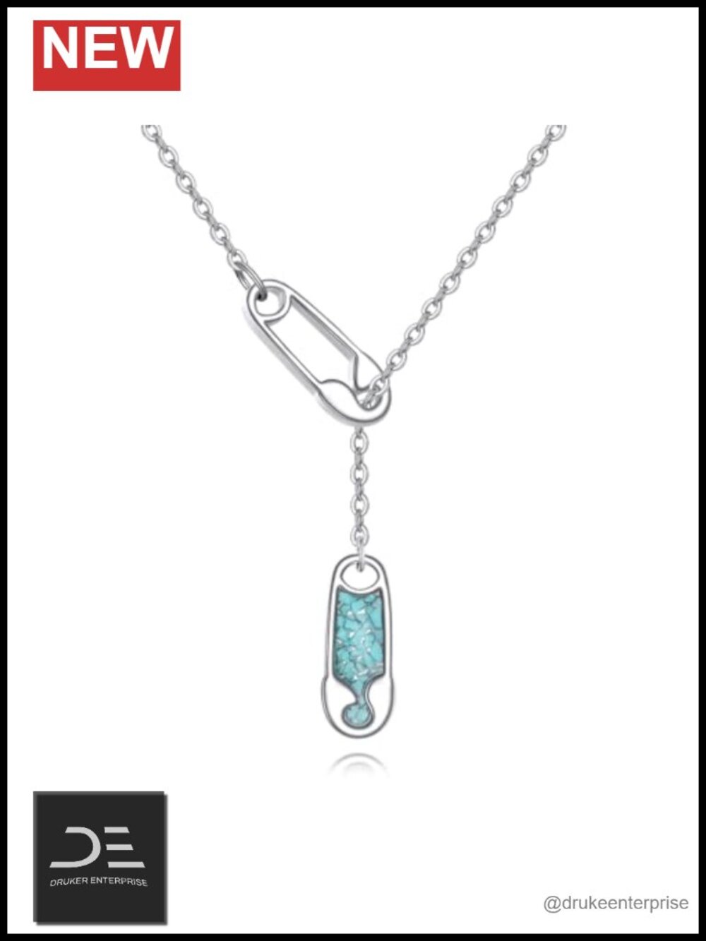 Turquoise Safety Pin Necklace Sterling Silver Y-Necklace 18in